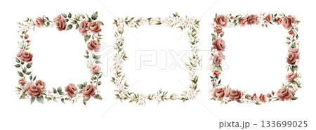 Rose flowers frames set. Dusty pink garden flowers rectangular arrangements. Watercolor hand painted floral isolated illustration for wedding design greeting card invitation cosmetic package label Rose flowers frames set. Dusty pink garden flowers rectangular arrangements. Watercolor hand painted floral isolated illustration for wedding design greeting card invitation cosmetic package label 133699025