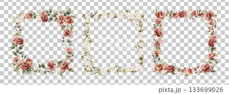 Rose flowers frames set. Dusty pink garden flowers rectangular arrangements. Watercolor hand painted floral isolated illustration for wedding design greeting card invitation cosmetic package label Rose flowers frames set. Dusty pink garden flowers rectangular arrangements. Watercolor hand painted floral isolated illustration for wedding design greeting card invitation cosmetic package label 133699026