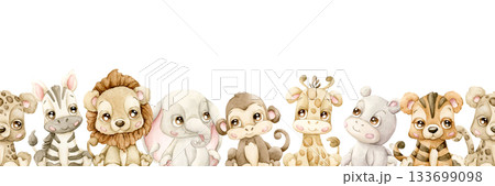 Cute Animals Seamless Border. Jungle Tropical Exotic Watercolor hand painted summer pastel neutral isolated illustration on white background lion zebra for nursery kids baby shower card safari design 133699098