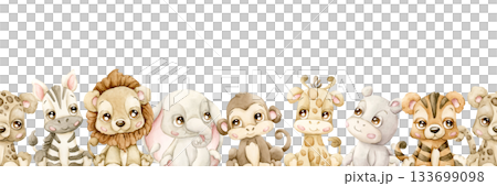 Cute Animals Seamless Border. Jungle Tropical Exotic Watercolor hand painted summer pastel neutral isolated illustration on white background lion zebra for nursery kids baby shower card safari design 133699098