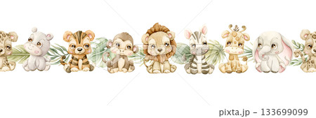 Cute Animals Plants Seamless Border. Jungle Tropical Exotic leaves Watercolor hand painted summer pastel neutral isolated illustration on white background for nursery kids baby shower safari design 133699099