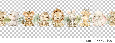 Cute Animals Plants Seamless Border. Jungle Tropical Exotic leaves Watercolor hand painted summer pastel neutral isolated illustration on white background for nursery kids baby shower safari design 133699100