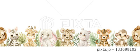 Cute Animals Plants Seamless Border. Jungle Tropical Exotic leaves Watercolor hand painted summer pastel neutral isolated illustration on white background for nursery kids baby shower safari design Cute Animals Plants Seamless Border. Jungle Tropical Exotic leaves Watercolor hand painted summer pastel neutral isolated illustration on white background for nursery kids baby shower safari design 133699102