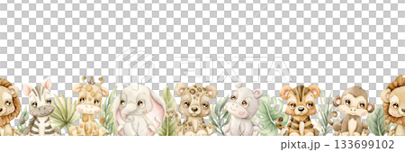 Cute Animals Plants Seamless Border. Jungle Tropical Exotic leaves Watercolor hand painted summer pastel neutral isolated illustration on white background for nursery kids baby shower safari design 133699102