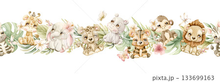 Cute Animals Plants Seamless Border. Safari Jungle Tropical Exotic Flower leaves Watercolor hand painted summer pastel neutral isolated illustration on white background for nursery kids baby card 133699163