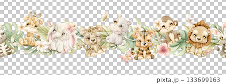 Cute Animals Plants Seamless Border. Safari Jungle Tropical Exotic Flower leaves Watercolor hand painted summer pastel neutral isolated illustration on white background for nursery kids baby card 133699163