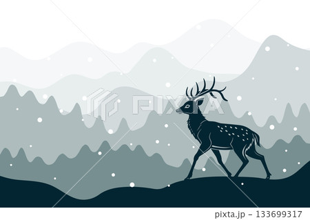 Winter deer silhouette in a snowy mountain landscape. Minimalist illustration. Winter deer silhouette in a snowy mountain landscape. Minimalist illustration. 133699317
