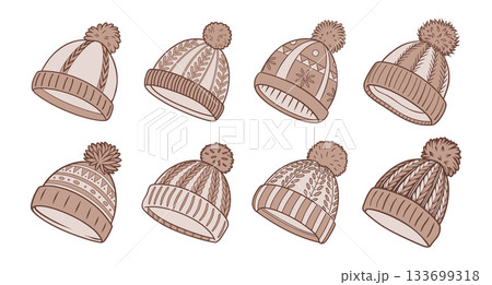 Collection of cozy winter hats with pom poms. Set of hand drawn knitted hats. 133699318