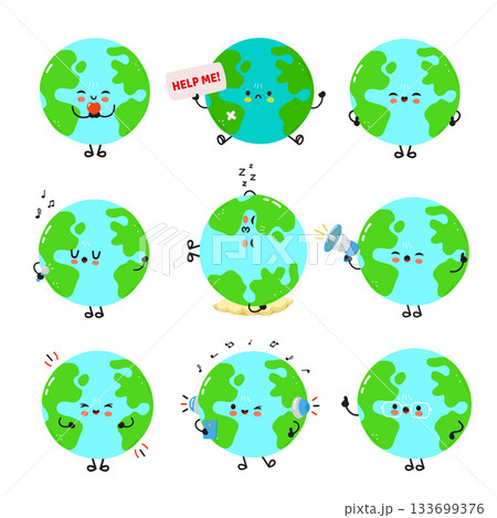 Cute planet Earth character showing various emotions and actions Cute planet Earth character showing various emotions and actions 133699376