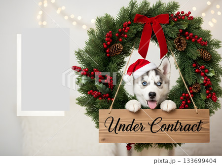 Cute husky puppy in a Christmas wreath holding an "Under Contract" sign. Real estate holiday announcement for a new home sale. Festive background with copy space 133699404