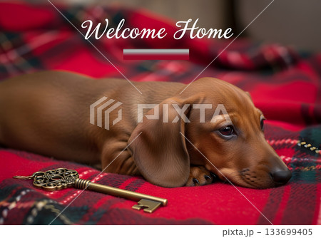 A dachshund puppy lying on a red plaid blanket with a vintage key. Welcome home concept for new pets and real estate. Moving into a new house A dachshund puppy lying on a red plaid blanket with a vintage key. Welcome home concept for new pets and real estate. Moving into a new house 133699405
