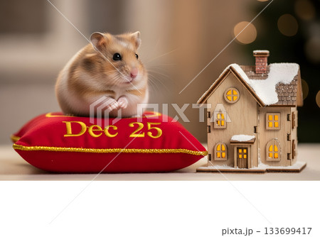 Adorable hamster on a red Christmas cushion dated Dec 25. Miniature wooden house in a festive holiday setting with copy space for text 133699417