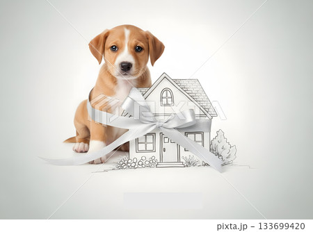 A cute puppy sits next to a drawing of a house wrapped in a silver gift ribbon. New home, real estate, and pet adoption concept. Isolated on a white background with copy space for text 133699420