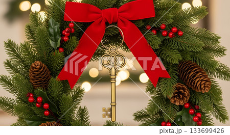 An antique brass key hanging from a red bow on a Christmas wreath. Holiday real estate and new home concept. Festive winter decoration with pinecones and berries An antique brass key hanging from a red bow on a Christmas wreath. Holiday real estate and new home concept. Festive winter decoration with pinecones and berries 133699426