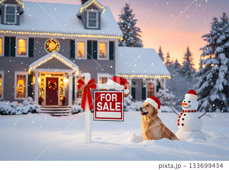 Festive house for sale during a snowy winter Christmas. A golden retriever and snowman sit by a real estate sign at sunset. Holiday home selling and moving concept 133699434