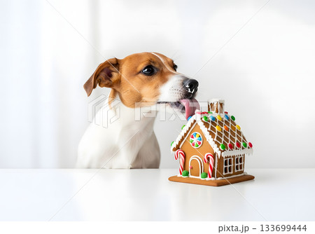 Cute Jack Russell Terrier dog licking a Christmas gingerbread house. Funny pet tasting a festive holiday treat on a white background. Naughty animal concept with copy space Cute Jack Russell Terrier dog licking a Christmas gingerbread house. Funny pet tasting a festive holiday treat on a white background. Naughty animal concept with copy space 133699444