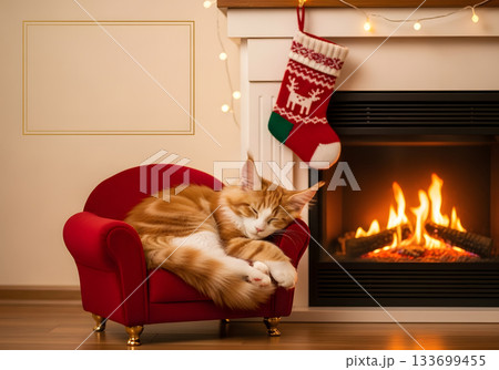 A cute ginger kitten sleeping in a red armchair by a cozy Christmas fireplace. Festive holiday home scene with a warm fire and stocking. Copy space for text A cute ginger kitten sleeping in a red armchair by a cozy Christmas fireplace. Festive holiday home scene with a warm fire and stocking. Copy space for text 133699455