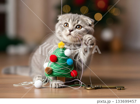 A cute grey Scottish Fold kitten playing with a Christmas tree toy. Adorable tabby cat in a festive holiday setting with bokeh lights. Pet celebrating the winter season 133699457