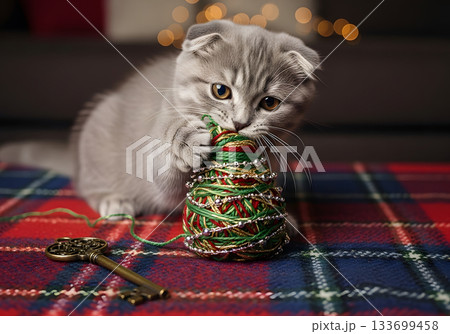 A cute grey Scottish Fold kitten playing with a handmade Christmas tree ornament. Festive tabby cat on a plaid blanket with bokeh lights in the background. Adorable holiday pet concept 133699458