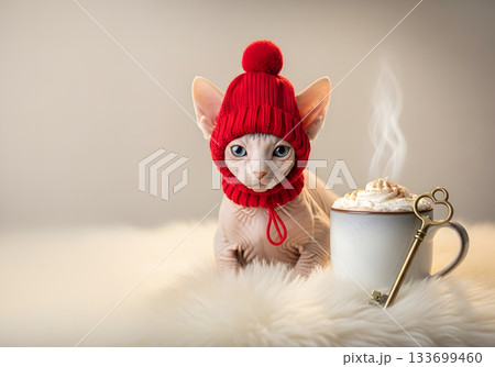 A cute Sphynx kitten wearing a cozy red knitted winter hat. Funny hairless cat with a mug of hot chocolate. Warm and comfortable holiday concept with copy space A cute Sphynx kitten wearing a cozy red knitted winter hat. Funny hairless cat with a mug of hot chocolate. Warm and comfortable holiday concept with copy space 133699460