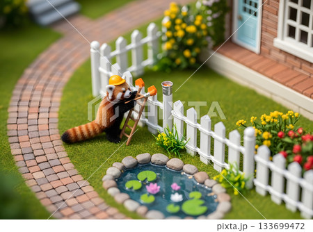 A miniature red panda figurine with a hard hat painting a white picket fence. Whimsical animal character working on a DIY home improvement project in a garden. Creative construction and renovation 133699472