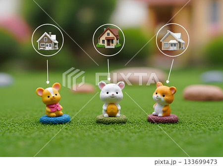 Cute hamster figurines choosing a new home. Real estate concept with different property options for buying and investment Cute hamster figurines choosing a new home. Real estate concept with different property options for buying and investment 133699473