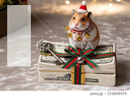 A cute hamster in a Santa hat sits on a stack of money with a vintage key. Festive holiday scene representing wealth and success. Christmas bonus and financial gift concept with copy space 133699474