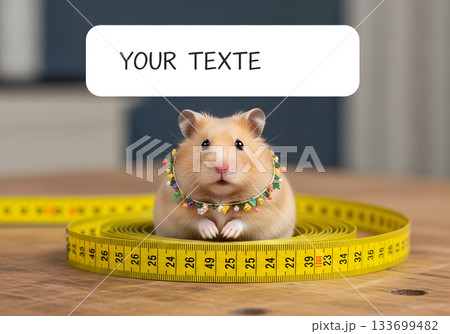 A cute plump hamster sits inside a yellow measuring tape. Funny animal diet, weight control, and health concept with copy space for text A cute plump hamster sits inside a yellow measuring tape. Funny animal diet, weight control, and health concept with copy space for text 133699482