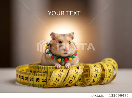 A cute hamster sits inside a yellow measuring tape. Diet, weight loss, and health concept for pets. Funny animal portrait with copy space A cute hamster sits inside a yellow measuring tape. Diet, weight loss, and health concept for pets. Funny animal portrait with copy space 133699483