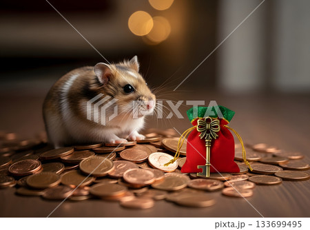 Small dwarf hamster guarding a pile of money and a treasure bag with a key. Concept of savings, wealth, and the key to financial success 133699495