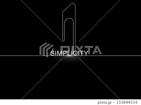 Minimalist line art of a paperclip with the word simplicity. Modern conceptual graphic design on a black background with copy space 133699514