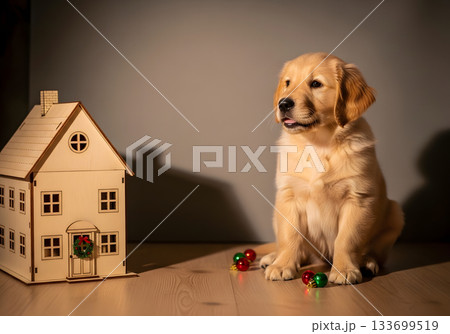 Cute golden retriever puppy with a miniature house and Christmas decorations. Holiday pet and new home concept with copy space 133699519