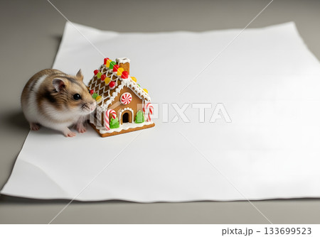A cute dwarf hamster stands next to a miniature gingerbread house. Festive Christmas holiday concept with copy space for text. A cute dwarf hamster stands next to a miniature gingerbread house. Festive Christmas holiday concept with copy space for text. 133699523