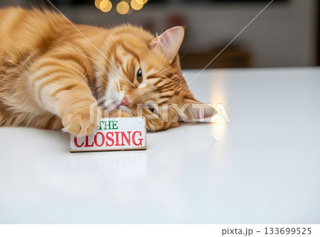 A tired ginger cat rests on a sign for "The Closing". Funny real estate and home buying concept with copy space for text 133699525
