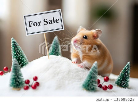 Cute hamster with a for sale sign in a miniature winter scene. Small pet rodent in a Christmas diorama with snow. Pet adoption and commerce concept 133699528