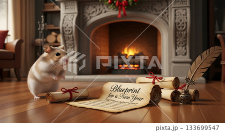 A cute hamster with a "Blueprint for a New Year" scroll in a cozy room. Winter scene with a warm fireplace. New Year's resolution and goal setting concept 133699547