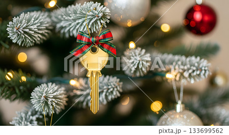 A golden house key ornament hanging on a Christmas tree. Festive decoration with a plaid bow. New home for the holidays and real estate gift concept 133699562