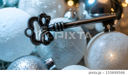 An antique key on festive Christmas baubles. Winter holiday decoration with silver and white ornaments. Magical close-up with bokeh lights background 133699566