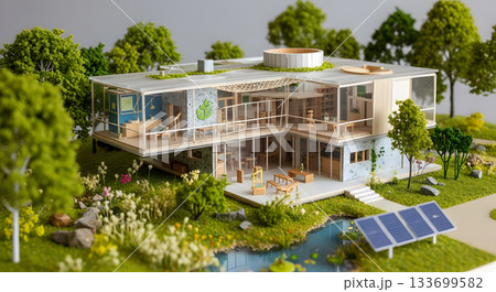 Detailed architectural model of a modern sustainable house. Eco-friendly home with solar panels in a miniature landscape. Green architecture and renewable energy concept 133699582