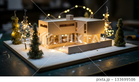 Architectural model of a modern house in a winter scene. Miniature building illuminated with festive fairy lights. Real estate and construction project concept 133699586