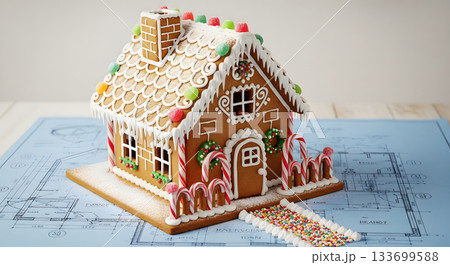A festive gingerbread house on an architectural blueprint. Holiday baking meets home construction and design concept 133699588