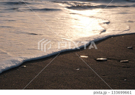 Shoreline at the beach with a setting sun, waves sand and no people 133699661