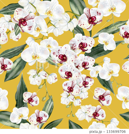 Beautiful seamless pattern with white-red orchids. Beautiful seamless pattern with white-red orchids. 133699706