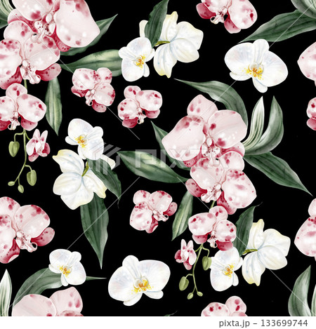 Beautiful seamless pattern with pink flowers and green leaves of orchids. Beautiful seamless pattern with pink flowers and green leaves of orchids. 133699744