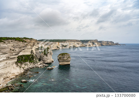 Aerial view marina cape Bonifacio south Corsica France citadel on rocky promontory on wild white limestone cliffs Aerial view marina cape Bonifacio south Corsica France citadel on rocky promontory on wild white limestone cliffs 133700080