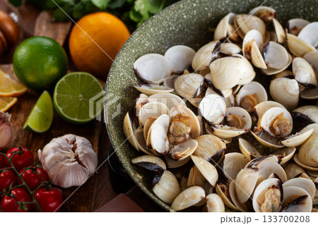 cooking, vongole clams, in a pan with spices and white wine, top view, no people, cooking, vongole clams, in a pan with spices and white wine, top view, no people, 133700208