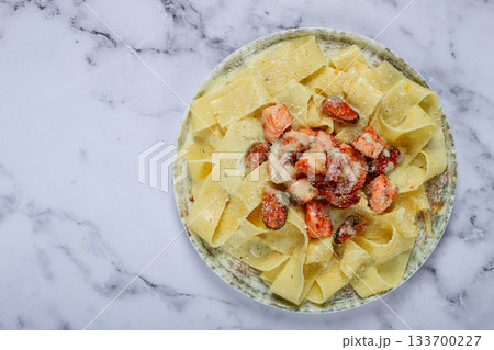 papardelle pasta in creamy sauce with seafood, homemade, no people, papardelle pasta in creamy sauce with seafood, homemade, no people, 133700227