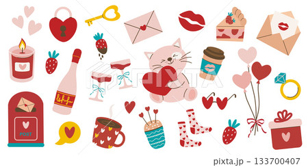 A set of cute stickers for your diary and journal for Valentine's Day: heart, gift, cat, balloons, champagne, mailbox and mail. A set of cute stickers for your diary and journal for Valentine's Day: heart, gift, cat, balloons, champagne, mailbox and mail. 133700407