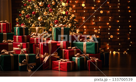 クリスマスプレゼントの山とツリー、暖かみのある照明に照らされたホリデーシーズン 133700539