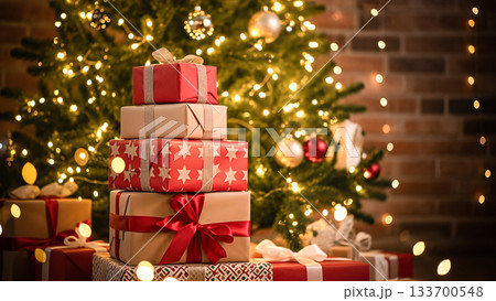 クリスマスプレゼントの山とツリー、暖かみのある照明に照らされたホリデーシーズン 133700548